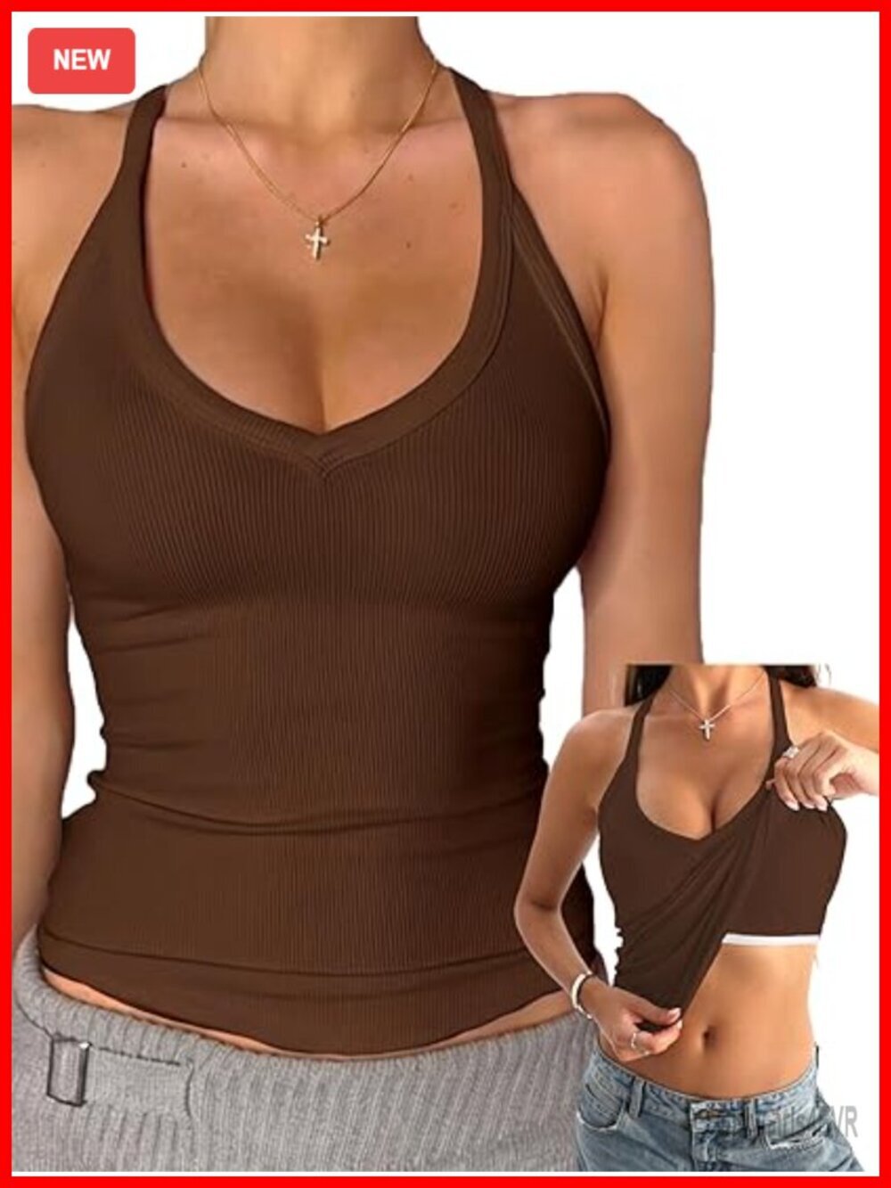 V Neck Cotton Tank Top with Built-in Shelf Bra Sleeveless Racerback Cami